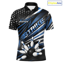 Load image into Gallery viewer, Custom Black And Blue US Flag Patriotic Strike Bowling Team Shirt, Freedom Bowling League Shirt Bowler Jerseys IPHW10458