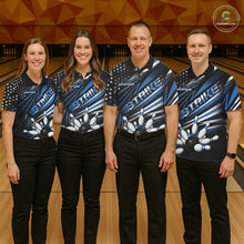 Load image into Gallery viewer, Custom Black And Blue US Flag Patriotic Strike Bowling Team Shirt, Freedom Bowling League Shirt Bowler Jerseys IPHW10458