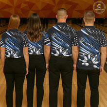 Load image into Gallery viewer, Custom Black And Blue US Flag Patriotic Strike Bowling Team Shirt, Freedom Bowling League Shirt Bowler Jerseys IPHW10458