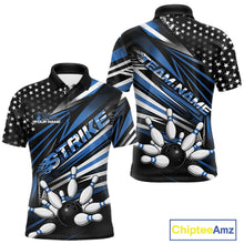 Load image into Gallery viewer, Custom Black And Blue US Flag Patriotic Strike Bowling Team Shirt, Freedom Bowling League Shirt Bowler Jerseys IPHW10458