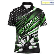 Load image into Gallery viewer, Custom Black And Green US Flag Patriotic Strike Bowling Team Shirt, Freedom Bowling League Shirt Bowler Jerseys IPHW10459