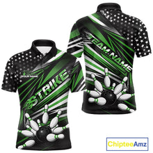 Load image into Gallery viewer, Custom Black And Green US Flag Patriotic Strike Bowling Team Shirt, Freedom Bowling League Shirt Bowler Jerseys IPHW10459