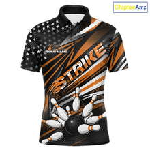 Load image into Gallery viewer, Custom Black And Orange US Flag Patriotic Strike Bowling Team Shirt, Freedom Bowling League Shirt Bowler Jersey IPHW10460