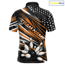 Load image into Gallery viewer, Custom Black And Orange US Flag Patriotic Strike Bowling Team Shirt, Freedom Bowling League Shirt Bowler Jersey IPHW10460