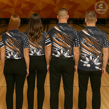 Load image into Gallery viewer, Custom Black And Orange US Flag Patriotic Strike Bowling Team Shirt, Freedom Bowling League Shirt Bowler Jersey IPHW10460