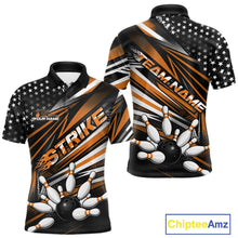 Load image into Gallery viewer, Custom Black And Orange US Flag Patriotic Strike Bowling Team Shirt, Freedom Bowling League Shirt Bowler Jersey IPHW10460