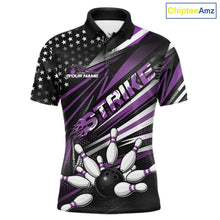 Load image into Gallery viewer, Custom Black And Purple US Flag Patriotic Strike Bowling Team Shirt, Freedom Bowling League Shirt Bowler Jersey IPHW10461