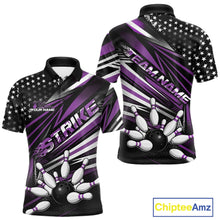 Load image into Gallery viewer, Custom Black And Purple US Flag Patriotic Strike Bowling Team Shirt, Freedom Bowling League Shirt Bowler Jersey IPHW10461
