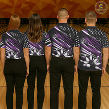 Load image into Gallery viewer, Custom Black And Purple US Flag Patriotic Strike Bowling Team Shirt, Freedom Bowling League Shirt Bowler Jersey IPHW10461