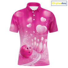 Load image into Gallery viewer, Custom Pink Valentine Bowling Couple Shirts, Pink Heart Theme Bowling Jerseys With His Name And Her Name IPHW10464