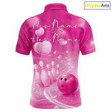Load image into Gallery viewer, Custom Pink Valentine Bowling Couple Shirts, Pink Heart Theme Bowling Jerseys With His Name And Her Name IPHW10464