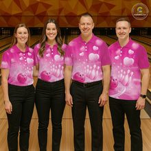 Load image into Gallery viewer, Custom Pink Valentine Bowling Couple Shirts, Pink Heart Theme Bowling Jerseys With His Name And Her Name IPHW10464
