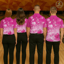 Load image into Gallery viewer, Custom Pink Valentine Bowling Couple Shirts, Pink Heart Theme Bowling Jerseys With His Name And Her Name IPHW10464