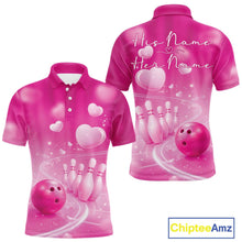 Load image into Gallery viewer, Custom Pink Valentine Bowling Couple Shirts, Pink Heart Theme Bowling Jerseys With His Name And Her Name IPHW10464