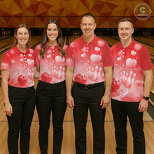 Load image into Gallery viewer, Custom Red Valentine Bowling Couple Shirts, Red Heart Theme Bowling Jerseys With His Name And Her Name IPHW10465