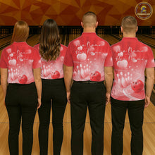 Load image into Gallery viewer, Custom Red Valentine Bowling Couple Shirts, Red Heart Theme Bowling Jerseys With His Name And Her Name IPHW10465