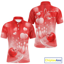 Load image into Gallery viewer, Custom Red Valentine Bowling Couple Shirts, Red Heart Theme Bowling Jerseys With His Name And Her Name IPHW10465