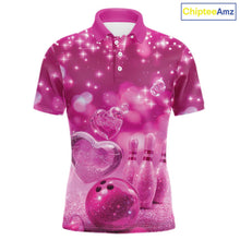 Load image into Gallery viewer, Custom Pink Valentine Bowling Couple Shirts, Pink Heart Theme Bowling Jerseys With His Name And Her Name IPHW10466