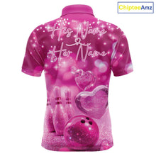 Load image into Gallery viewer, Custom Pink Valentine Bowling Couple Shirts, Pink Heart Theme Bowling Jerseys With His Name And Her Name IPHW10466