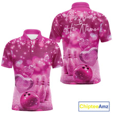 Load image into Gallery viewer, Custom Pink Valentine Bowling Couple Shirts, Pink Heart Theme Bowling Jerseys With His Name And Her Name IPHW10466