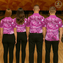 Load image into Gallery viewer, Custom Pink Valentine Bowling Couple Shirts, Pink Heart Theme Bowling Jerseys With His Name And Her Name IPHW10466
