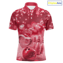 Load image into Gallery viewer, Custom Red Valentine Bowling Couple Shirts, Red Heart Theme Bowling Jerseys With His Name And Her Name IPHW10467
