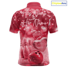 Load image into Gallery viewer, Custom Red Valentine Bowling Couple Shirts, Red Heart Theme Bowling Jerseys With His Name And Her Name IPHW10467