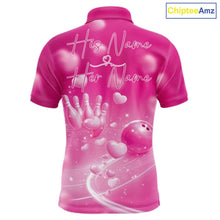 Load image into Gallery viewer, Custom Pink Valentine Bowling Couple Shirts, Pink Heart Theme Bowling Jerseys With His Name And Her Name IPHW10468