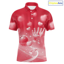 Load image into Gallery viewer, Custom Red Valentine Bowling Couple Shirts, Red Heart Theme Bowling Jerseys With His Name And Her Name IPHW10469