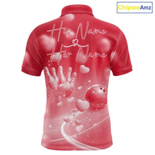 Load image into Gallery viewer, Custom Red Valentine Bowling Couple Shirts, Red Heart Theme Bowling Jerseys With His Name And Her Name IPHW10469