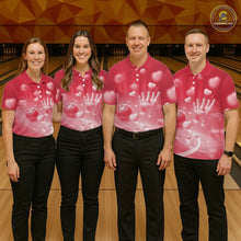 Load image into Gallery viewer, Custom Red Valentine Bowling Couple Shirts, Red Heart Theme Bowling Jerseys With His Name And Her Name IPHW10469