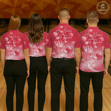 Load image into Gallery viewer, Custom Red Valentine Bowling Couple Shirts, Red Heart Theme Bowling Jerseys With His Name And Her Name IPHW10469