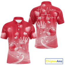 Load image into Gallery viewer, Custom Red Valentine Bowling Couple Shirts, Red Heart Theme Bowling Jerseys With His Name And Her Name IPHW10469