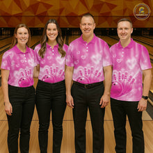 Load image into Gallery viewer, Custom Pink Valentine Bowling Couple Shirts, Pink Heart Theme Bowling Jerseys With His Name And Her Name IPHW10470