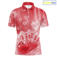 Load image into Gallery viewer, Custom Red Valentine Bowling Couple Shirts, Red Heart Theme Bowling Jerseys With His Name And Her Name IPHW10471