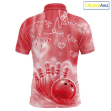 Load image into Gallery viewer, Custom Red Valentine Bowling Couple Shirts, Red Heart Theme Bowling Jerseys With His Name And Her Name IPHW10471