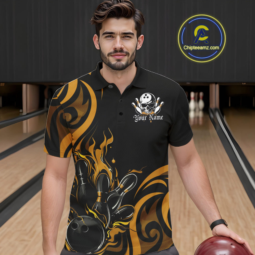 Custom Black And Yellow Tribal Flame Bowling Men Shirt, Bowling League Shirt Team Jerseys IPHW10739