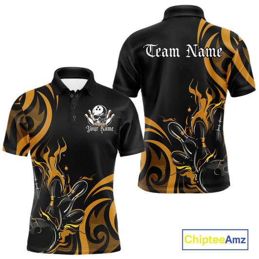 Custom Black And Yellow Tribal Flame Bowling Men Shirt, Bowling League Shirt Team Jerseys IPHW10739