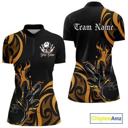 Custom Black And Yellow Tribal Flame Bowling Women Shirt, Bowling League Team Jerseys IPHW10739