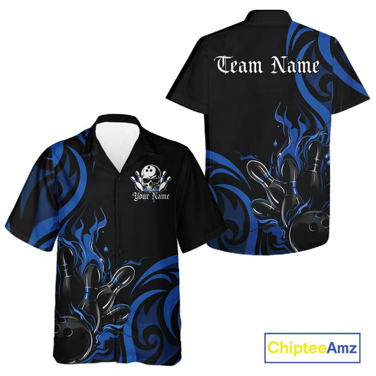 Custom Black And Blue Tribal Flame Bowling Men And Women Shirt, Bowling League Shirt Team Jerseys IPHW10740