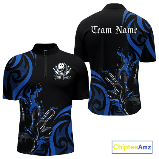 Custom Black And Blue Tribal Flame Bowling Men Shirt, Bowling League Shirt Team Jerseys IPHW10740