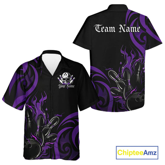 Custom Black And Purple Tribal Flame Bowling Men And Women Shirt, Bowling League Shirt Team Jerseys IPHW10741