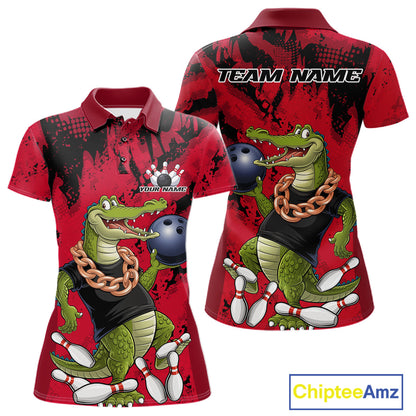 Red Custom Funny Alligator Bowling Women Polo Shirt, Bowling Team Jerseys Bowler Outfit IPHW10772