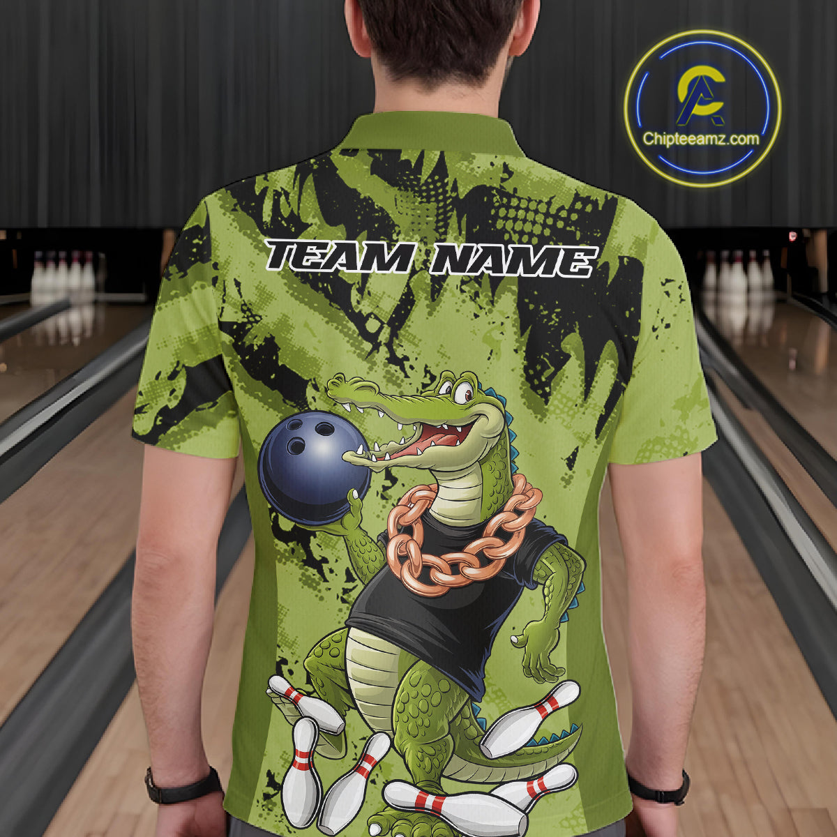 Green Custom Funny Alligator Bowling Men Polo Shirt, Bowling Team Jerseys Bowler Outfit IPHW10774
