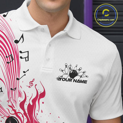 Left chest close-up of a white and pink bowling polo shirt displaying bowling graphics with flowing music note waves.