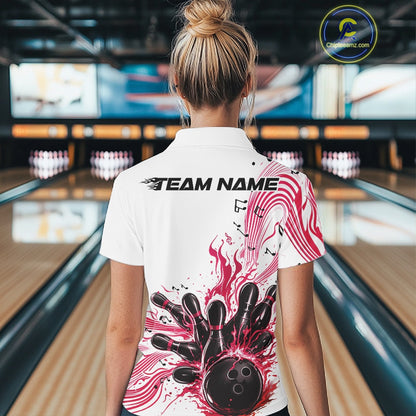 Back view of a female model in a white and pink bowling quarter-zip shirt featuring bowling strike artwork and flowing music notes.