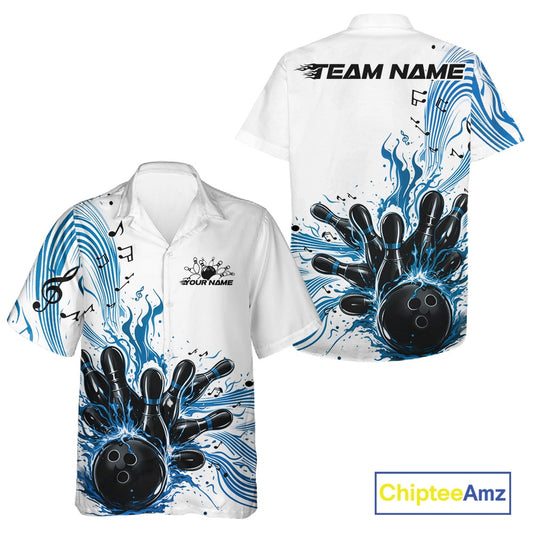 Front and back views of a white and blue button-up bowling shirt featuring bowling graphics with flowing music note accents.