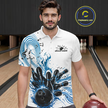Load image into Gallery viewer, Custom Blue Music Flame Bowling Men Polo Shirt, Bowling League Shirt Bowler Jerseys IPHW10994