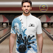 Load image into Gallery viewer, Custom Blue Music Flame Bowling Men Quarter-Zip Shirt, Bowling League Shirt Bowler Jerseys IPHW10994