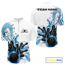 Load image into Gallery viewer, Custom Blue Music Flame Bowling Men Quarter-Zip Shirt, Bowling League Shirt Bowler Jerseys IPHW10994